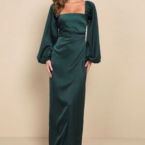 Lulus Eternal Heart Emerald Green Satin Long Sleeve Maxi Dress